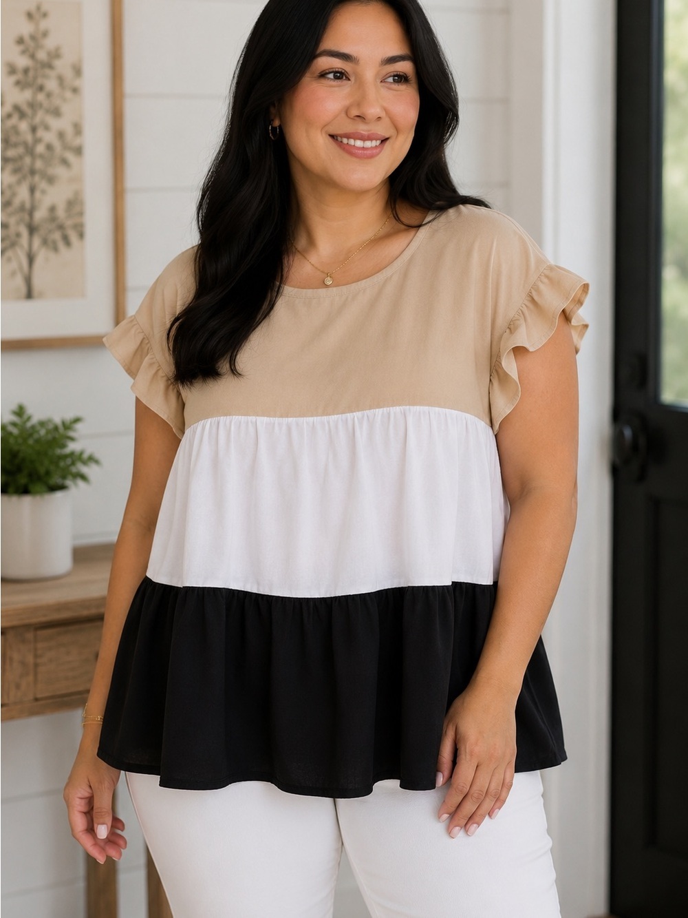 SHEIN Emery Rose 0XL Plus Size Colorblock Ruffle Sleeve Blouse Flowy Top - Picture 6 of 6